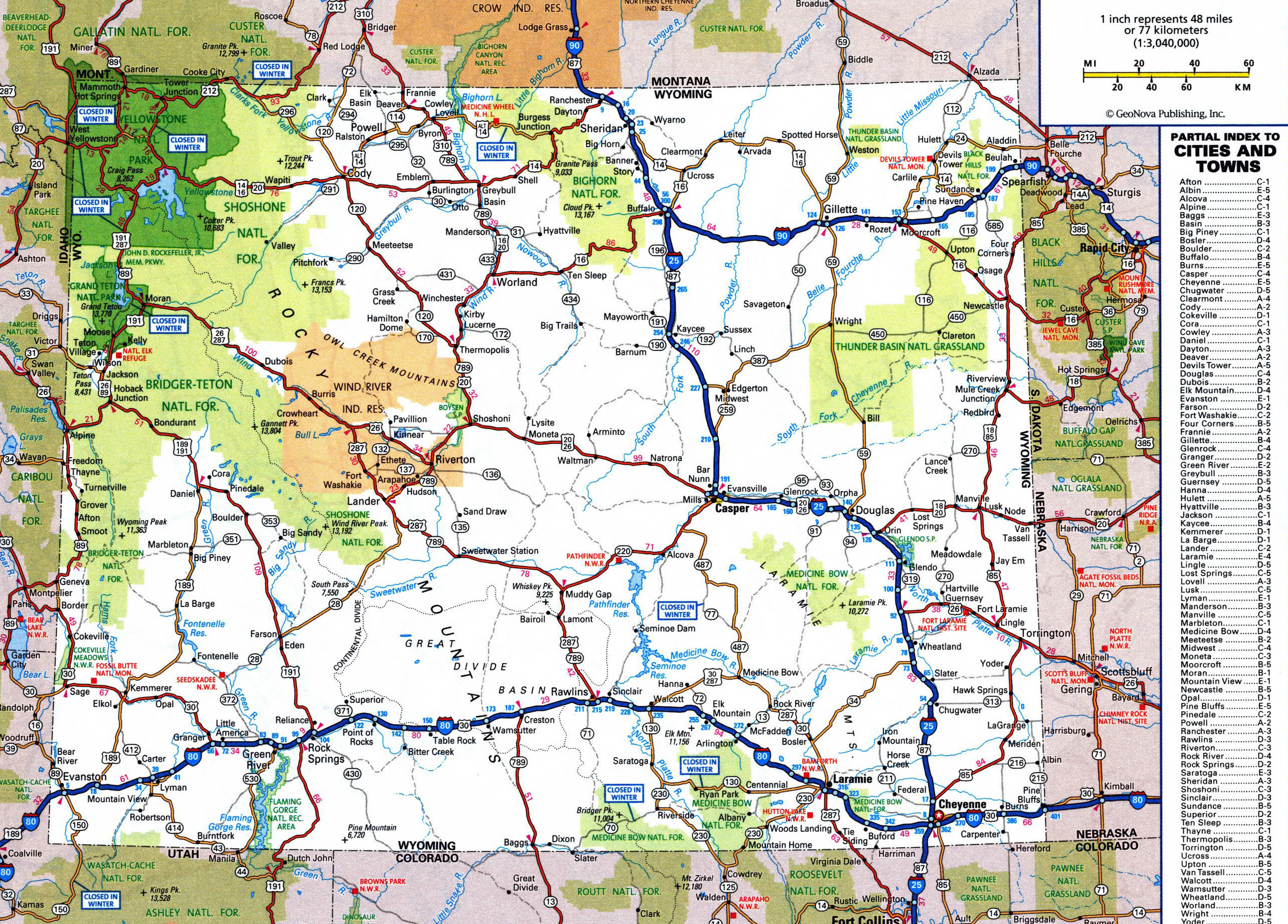 Large detailed roads and highways map of Wyoming state with national