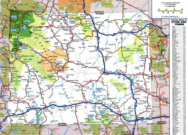 Large detailed roads and highways map of Wyoming state with national parks and cities.