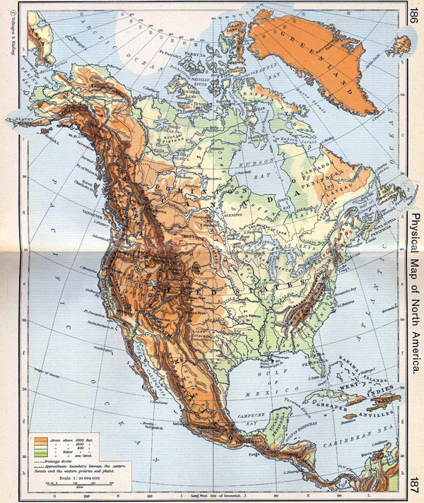 North America detailed old physical map.