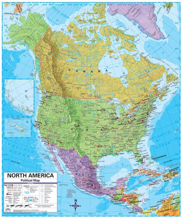 North America large detailed political and relief map with cities.