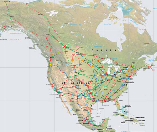 North America pipelines detailed map.