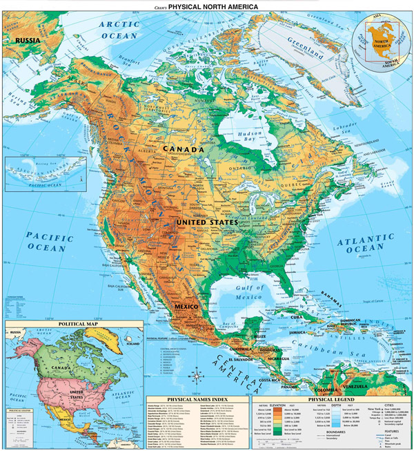 North and Central America detailed physical map.