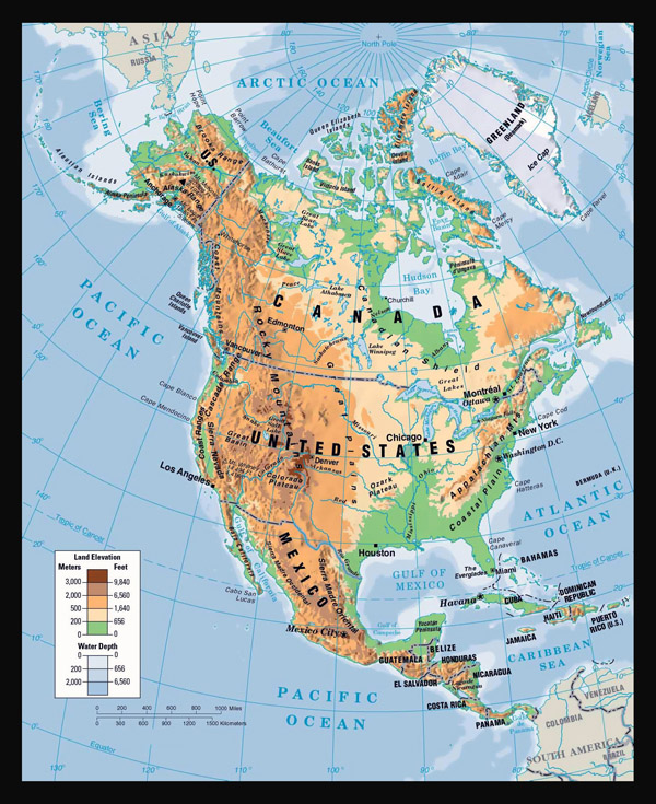 Physical map of North America.