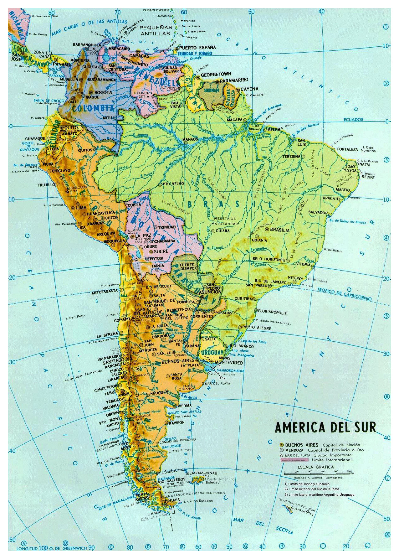 Large Detailed Political And Hydrographic Map Of South America