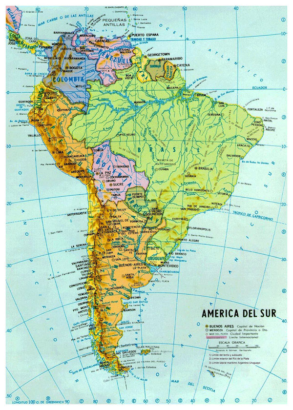 Large detailed political and hydrographic map of South America with all capitals and major cities.