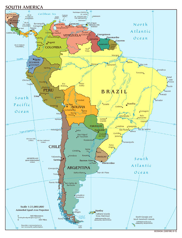 Detailed political map of South America with capitals and major cities.