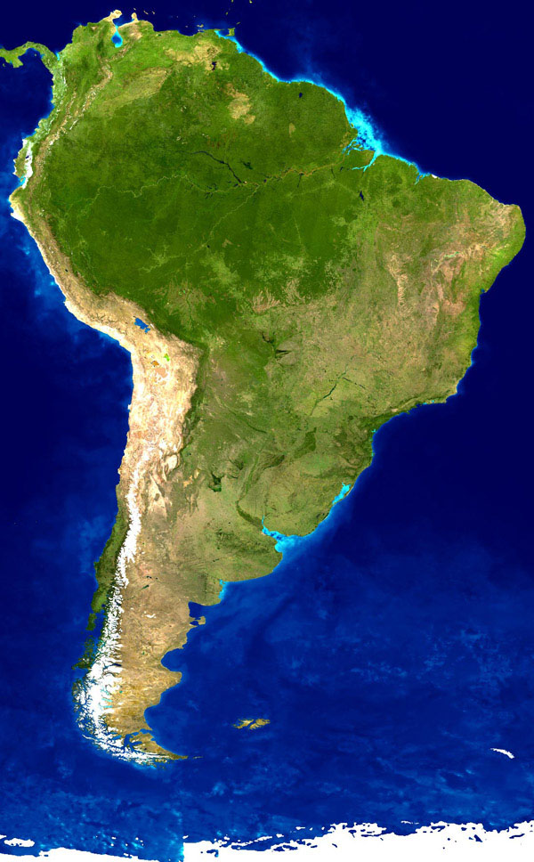 Detailed satellite map of South America.