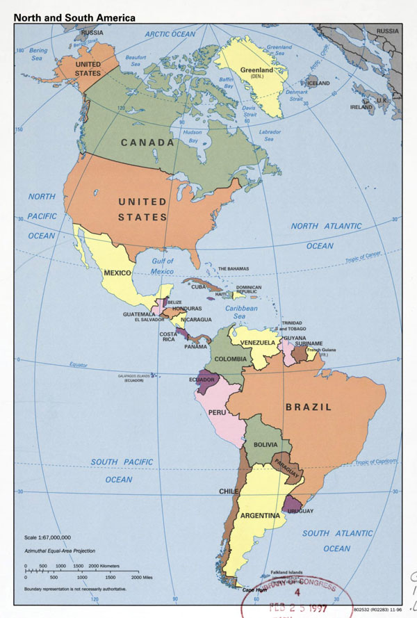 Large detailed political map of North and South America - 1996.