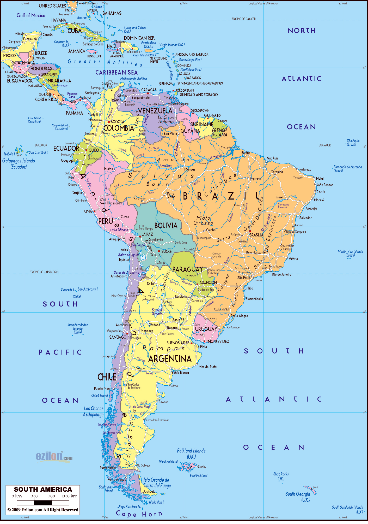 Large Detailed Political Map Of South America With Roads Vidiani