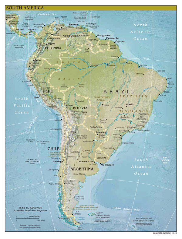 Large detailed relief and political map of South America with all capitals and major cities.