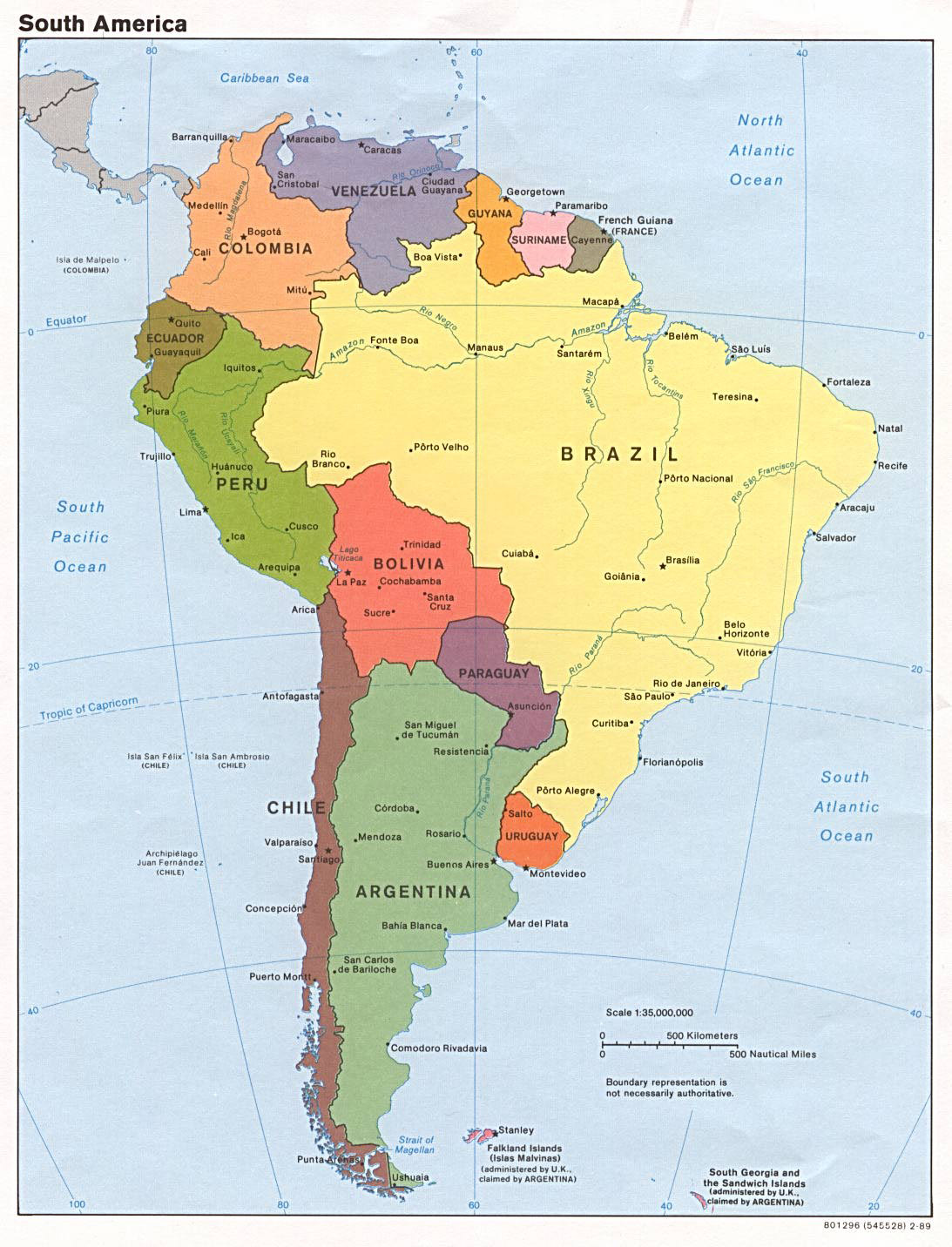large political map of south america with all capitals