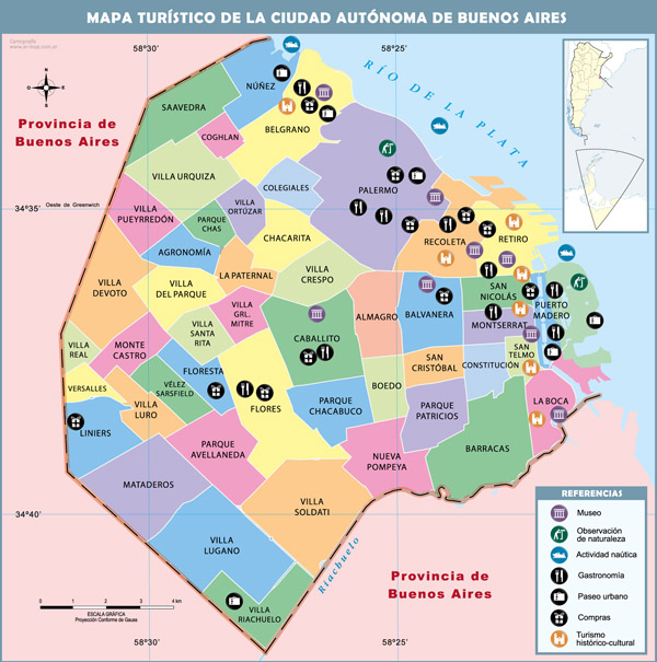 Large tourist and administrative subdivisions map of Buenos Aires city.