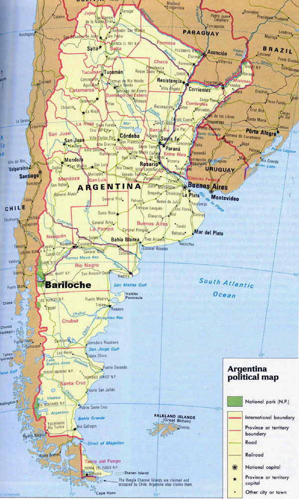 Detailed political map of Argentina with national parks.