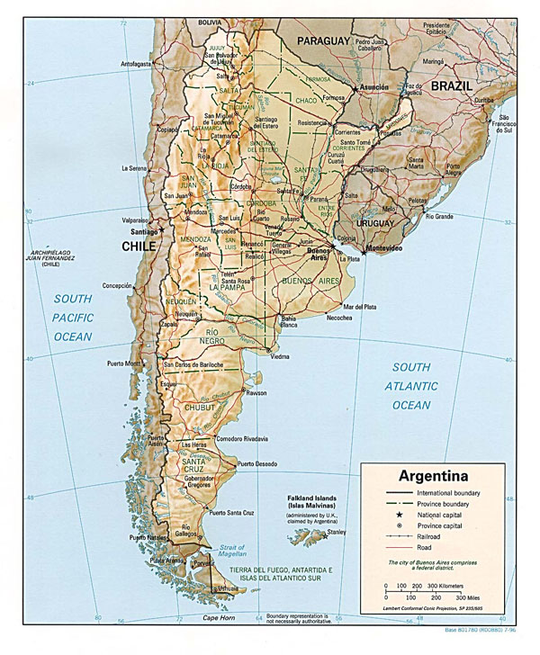 Detailed road and relief map of Argentina. Argentina detailed road and relief map.