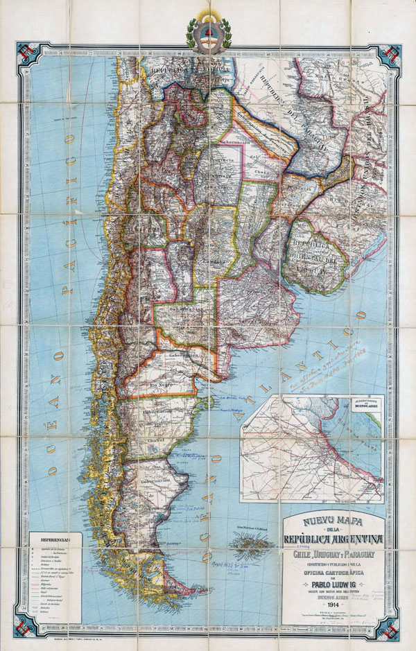 Large detailed old political map of Republic of Argentina, Chile, Uruguay and Paraguay with relief - 1914.