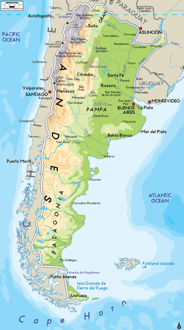 Large detailed physical map of Argentina with cities.