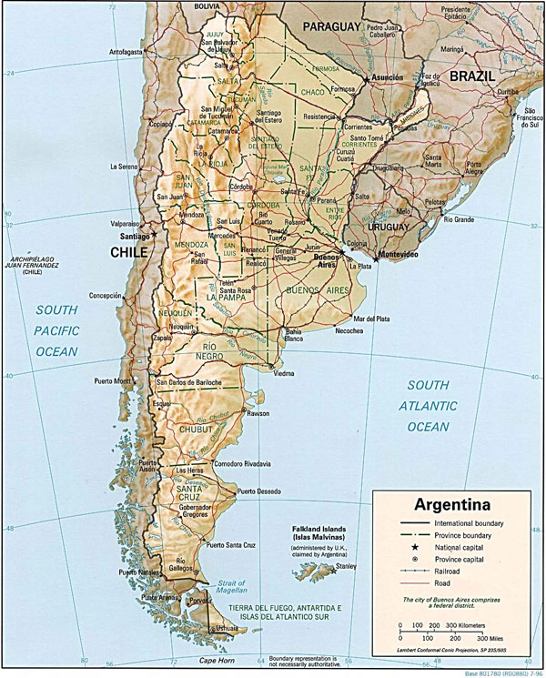 Large detailed relief and political map of Argentina.