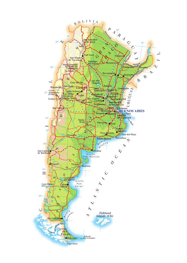 Large elevation map of Argentina with roads, cities and airports.