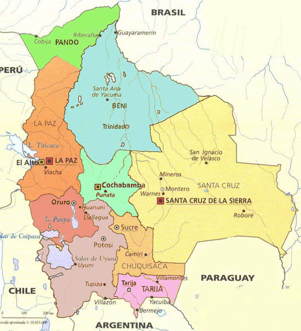 Detailed administrative map of Bolivia with cities.