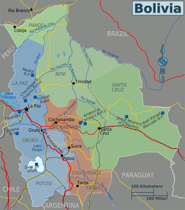 Detailed political and administrative map of Bolivia.