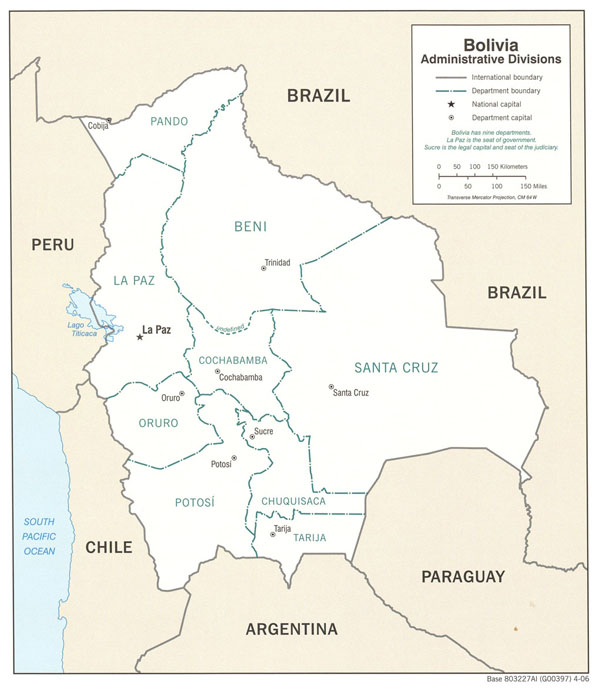 Large detailed administrative map of Bolivia.