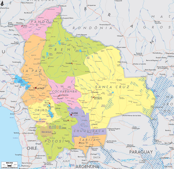 Large detailed political and administrative map of Bolivia with airports.