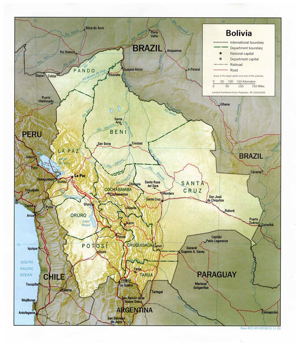 Large detailed political and relief map of Bolivia.