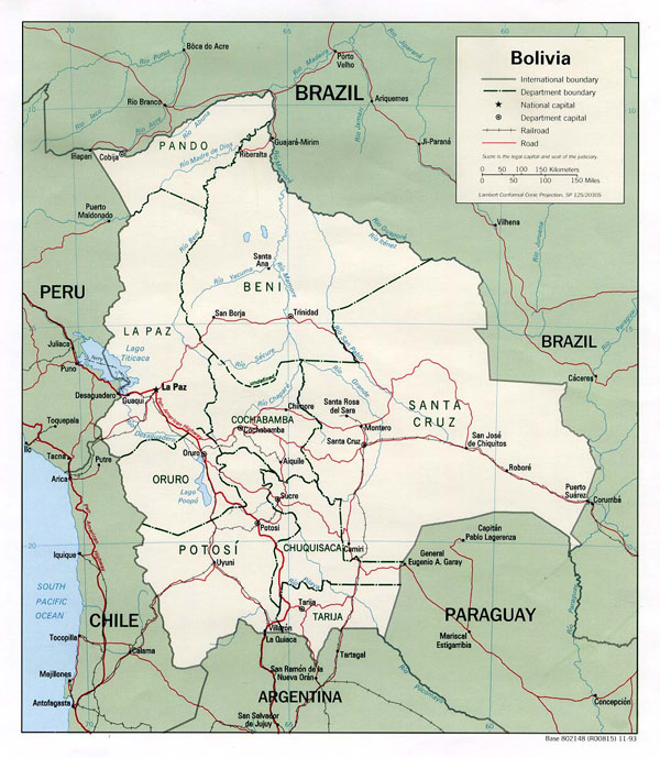 Large detailed political map of Bolivia with cities.