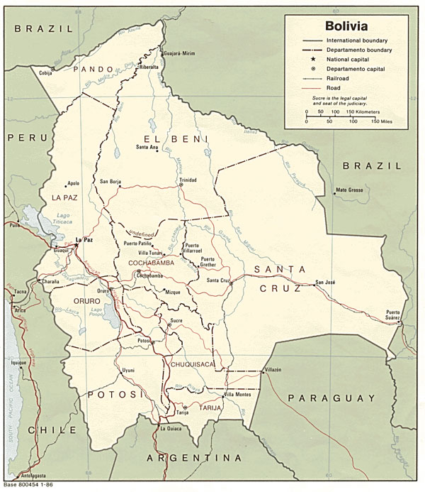 Large detailed political map of Bolivia with roads.