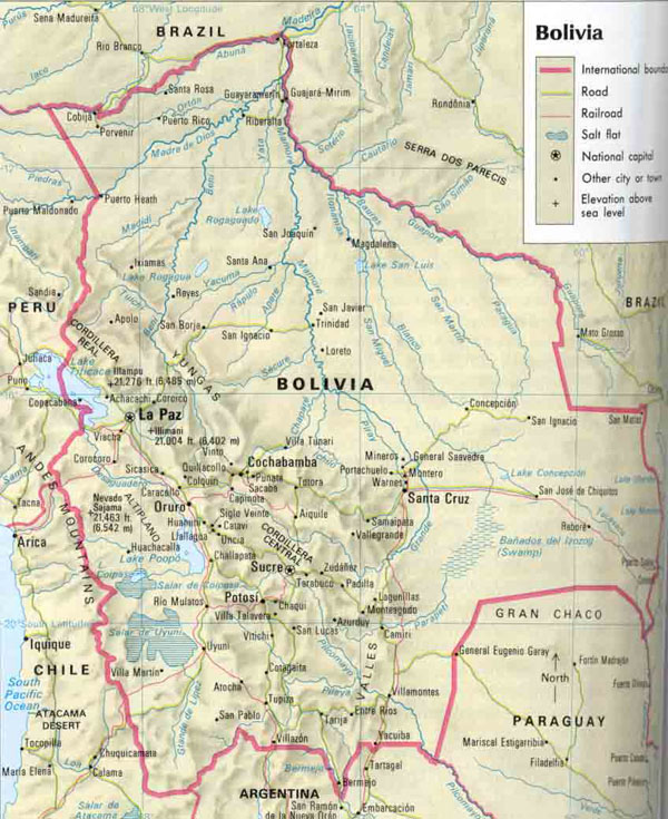 Large detailed road map of Bolivia with cities.