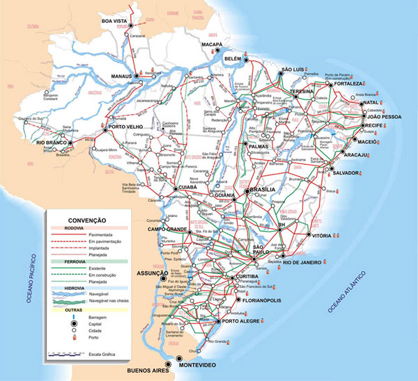 Detailed road map of Brazil with all cities.