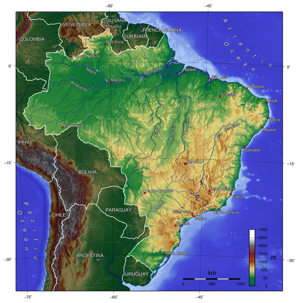 Detailed topographical map of Brazil. Brazil detailed topographical map.