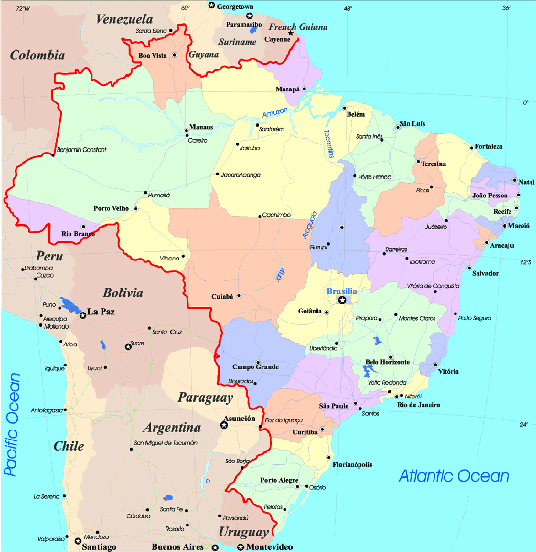 Large detailed administrative and political map of Brazil with cities
