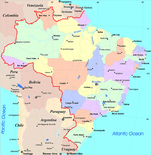 Large detailed administrative and political map of Brazil with cities.