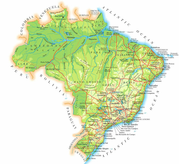 Large detailed physical map of Brazil. Brazil large detailed physical map.