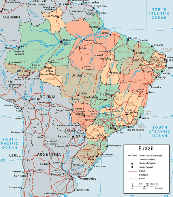 Large detailed political and administrative map of Brazil.