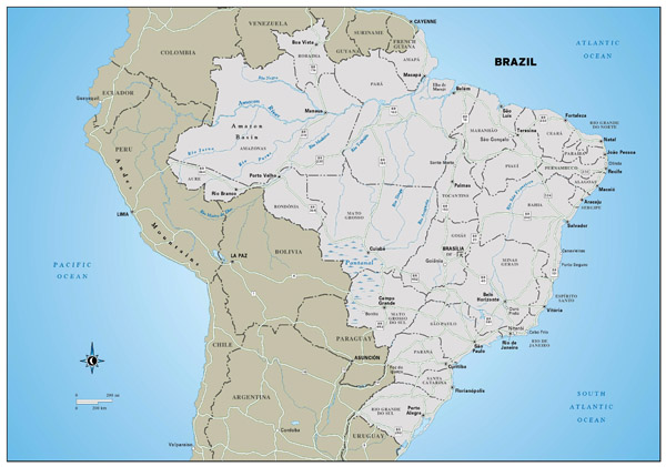 Large detailed political and administrative map of Brazil with highways and major cities.