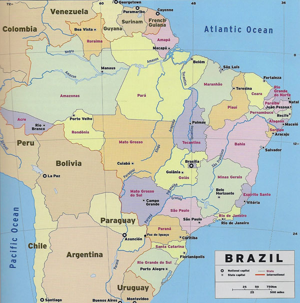 Large detailed political and administrative map of Brazil with national capital and state capitals.