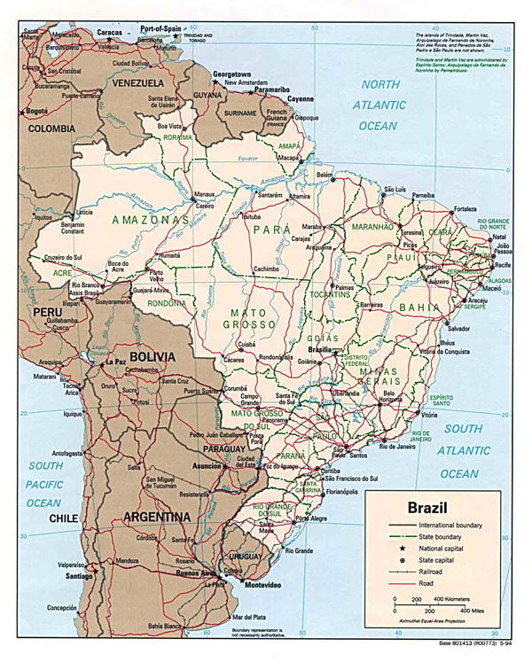 Large detailed political map of Brazil with roads and cities.