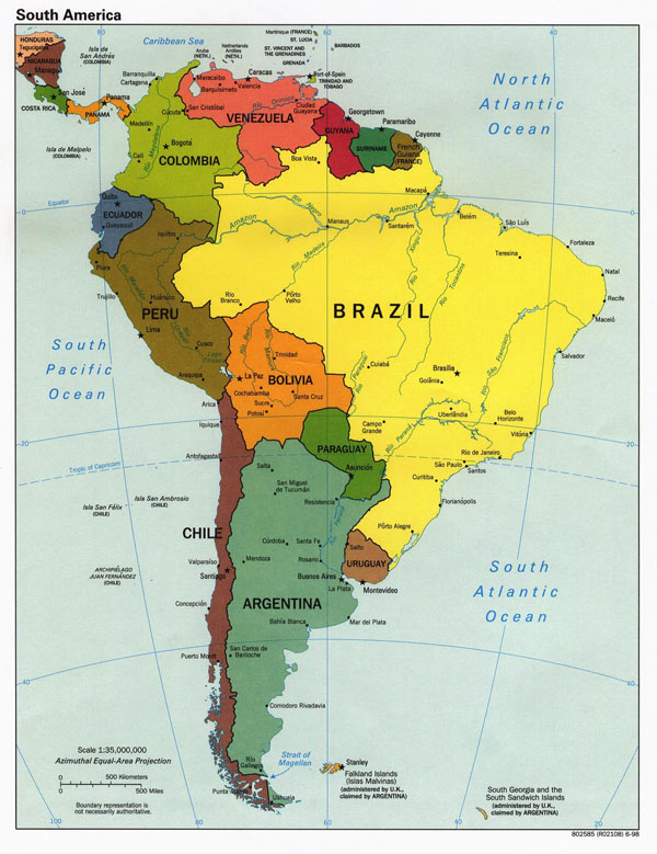 Large detailed political map of South America.