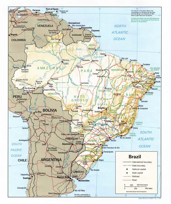 Large detailed relief and political map of Brazil with roads.