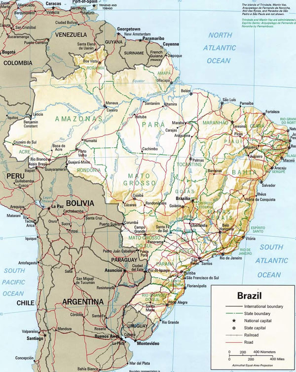 Relief and roads map of Brazil. Brazil relief and roads map.