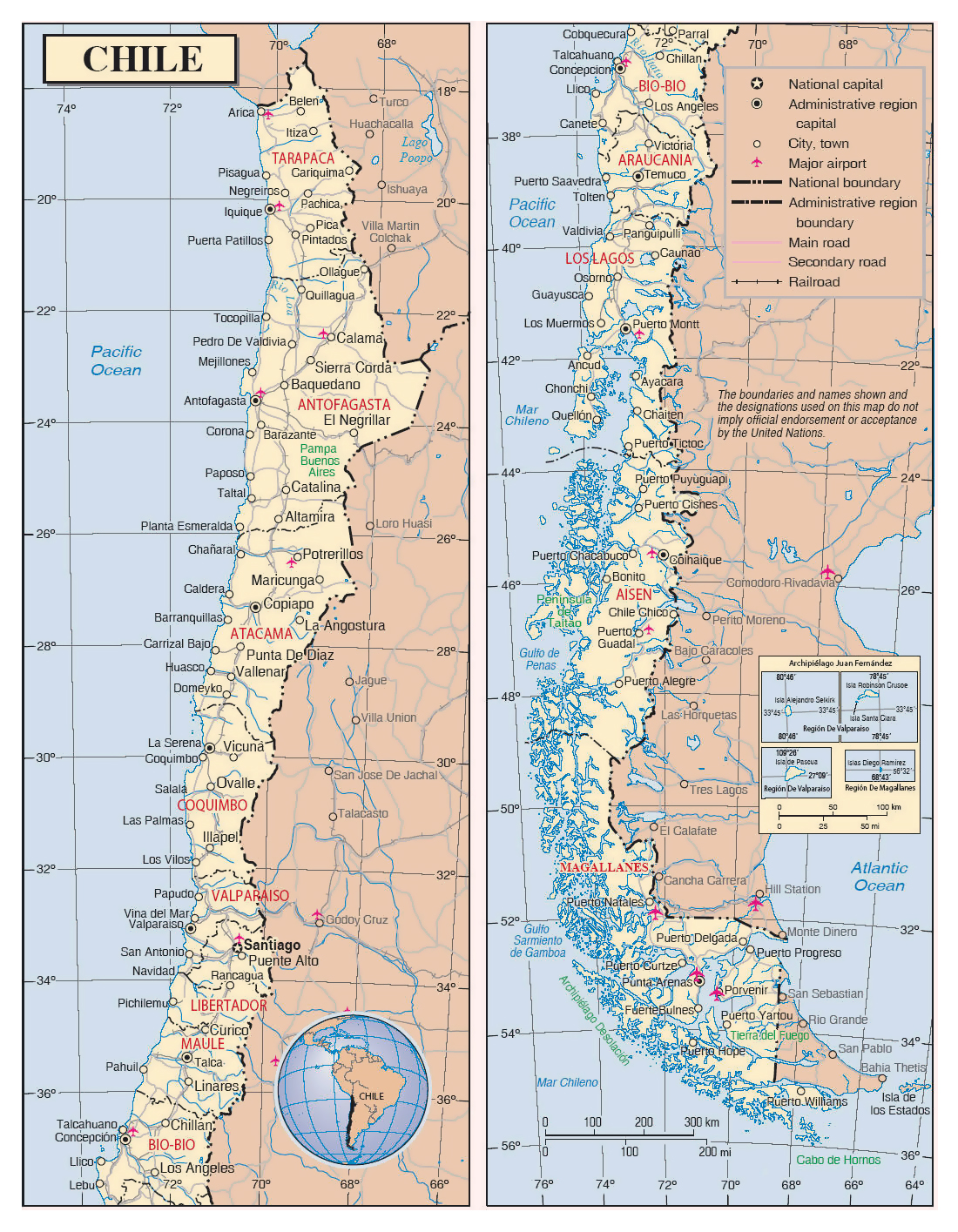 Detailed political and administrative map of Chile with roads, cities