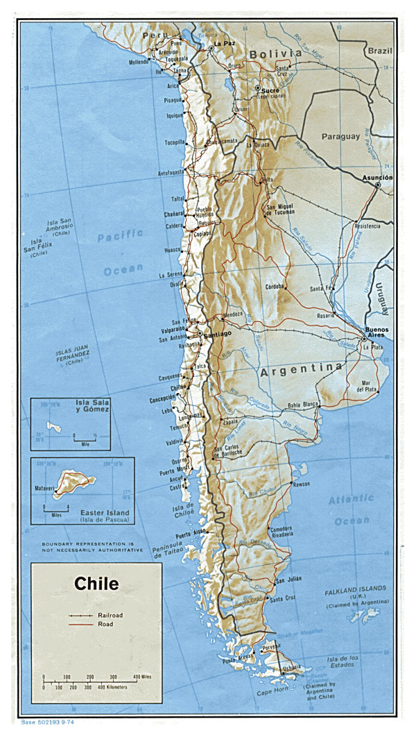 Detailed political map of Chile with relief, roads and major cities - 1974.