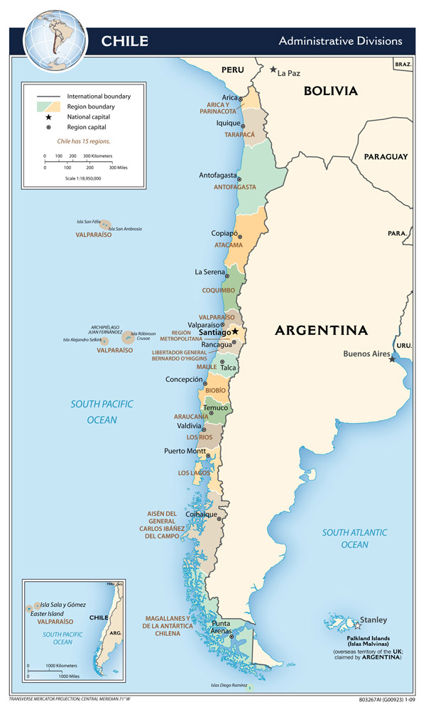 Large detailed administrative divisions map of Chile - 2009.