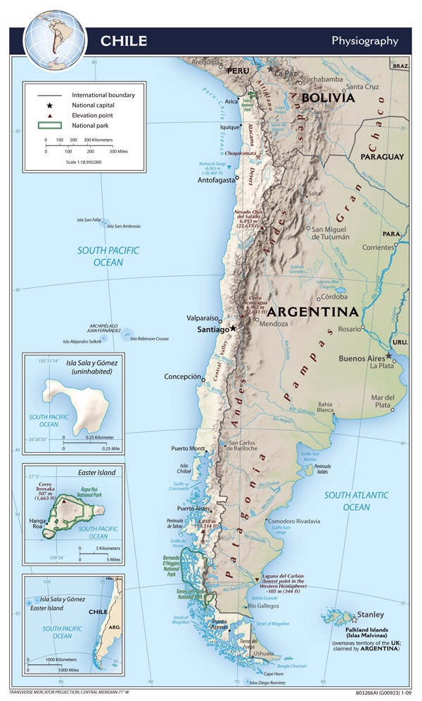 Large detailed physiography map of Chile - 2009.