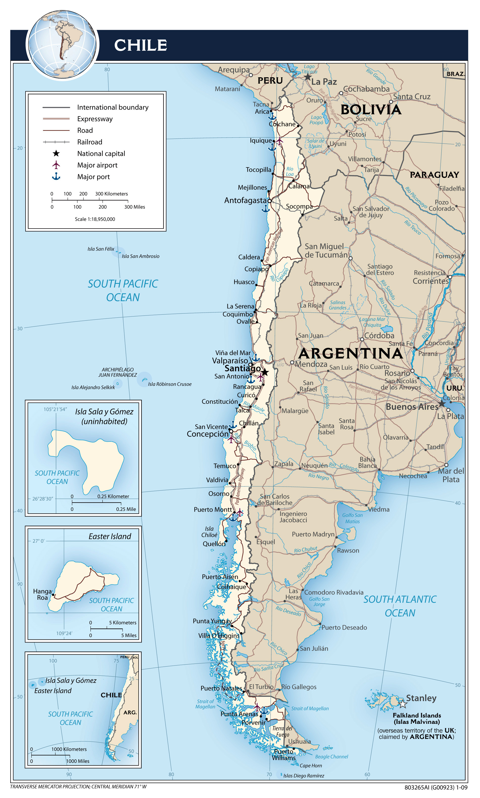 Large Detailed Political Map Of Chile With Roads Cities Airports And Sea Ports 2009 