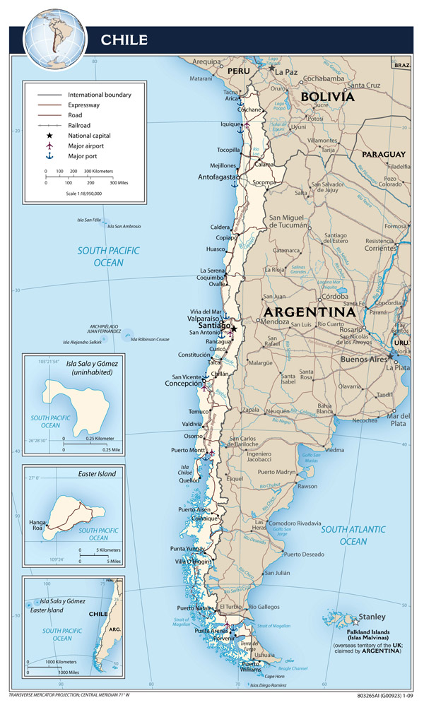 Large detailed political map of Chile with roads, cities, airports and sea ports - 2009.