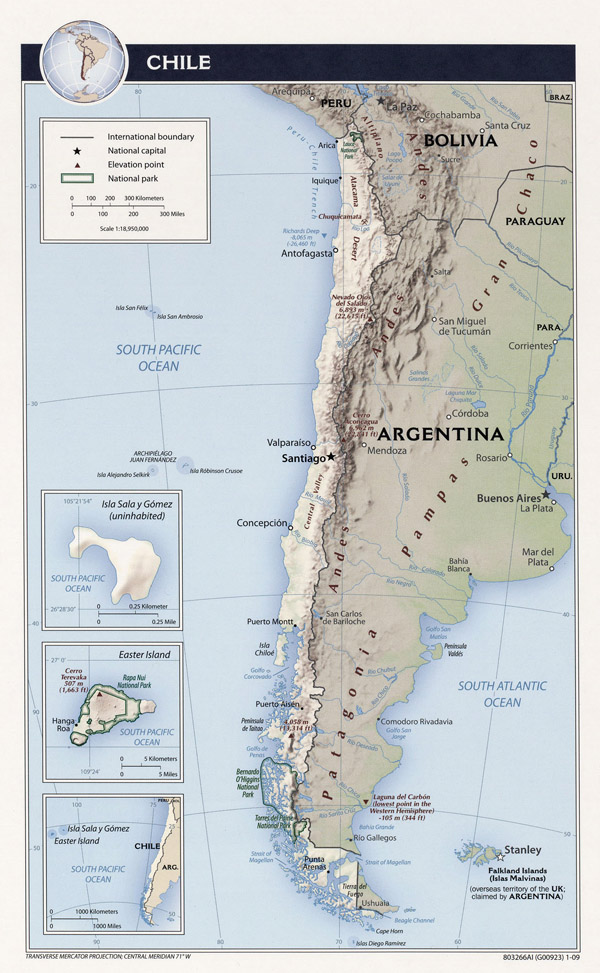 Large detailed relief and political map of Chile.