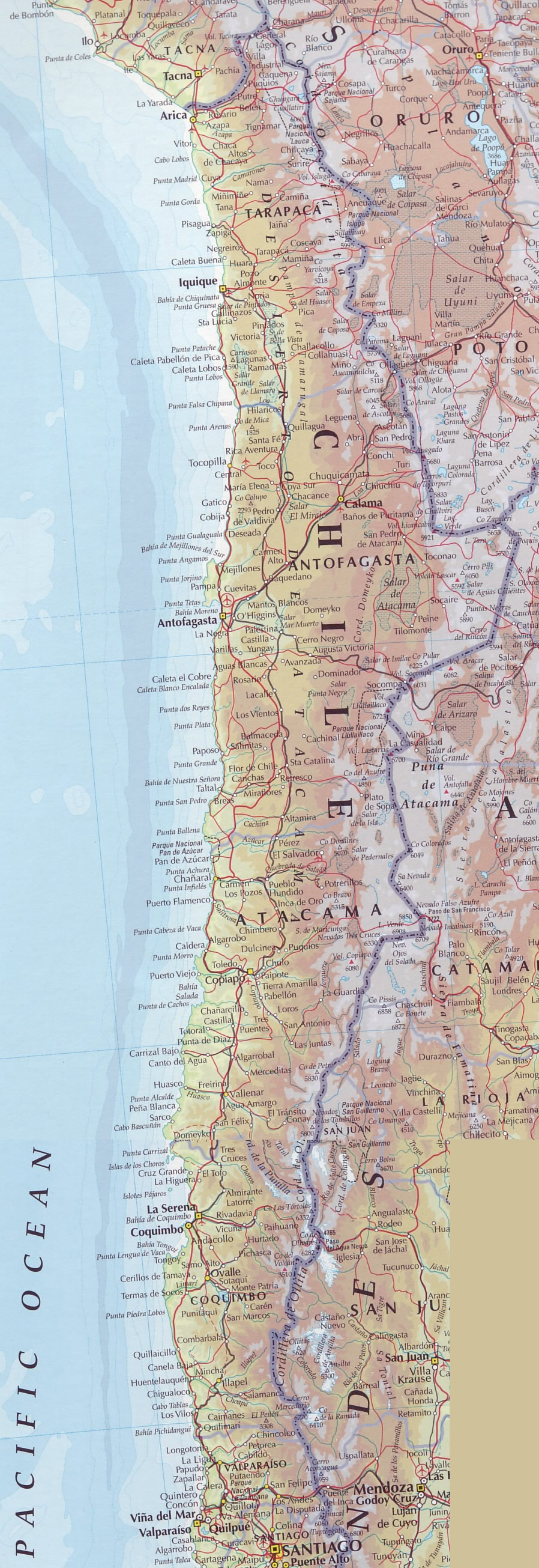 Large detailed road map of Chile with all cities and airports. Chile large road map with all